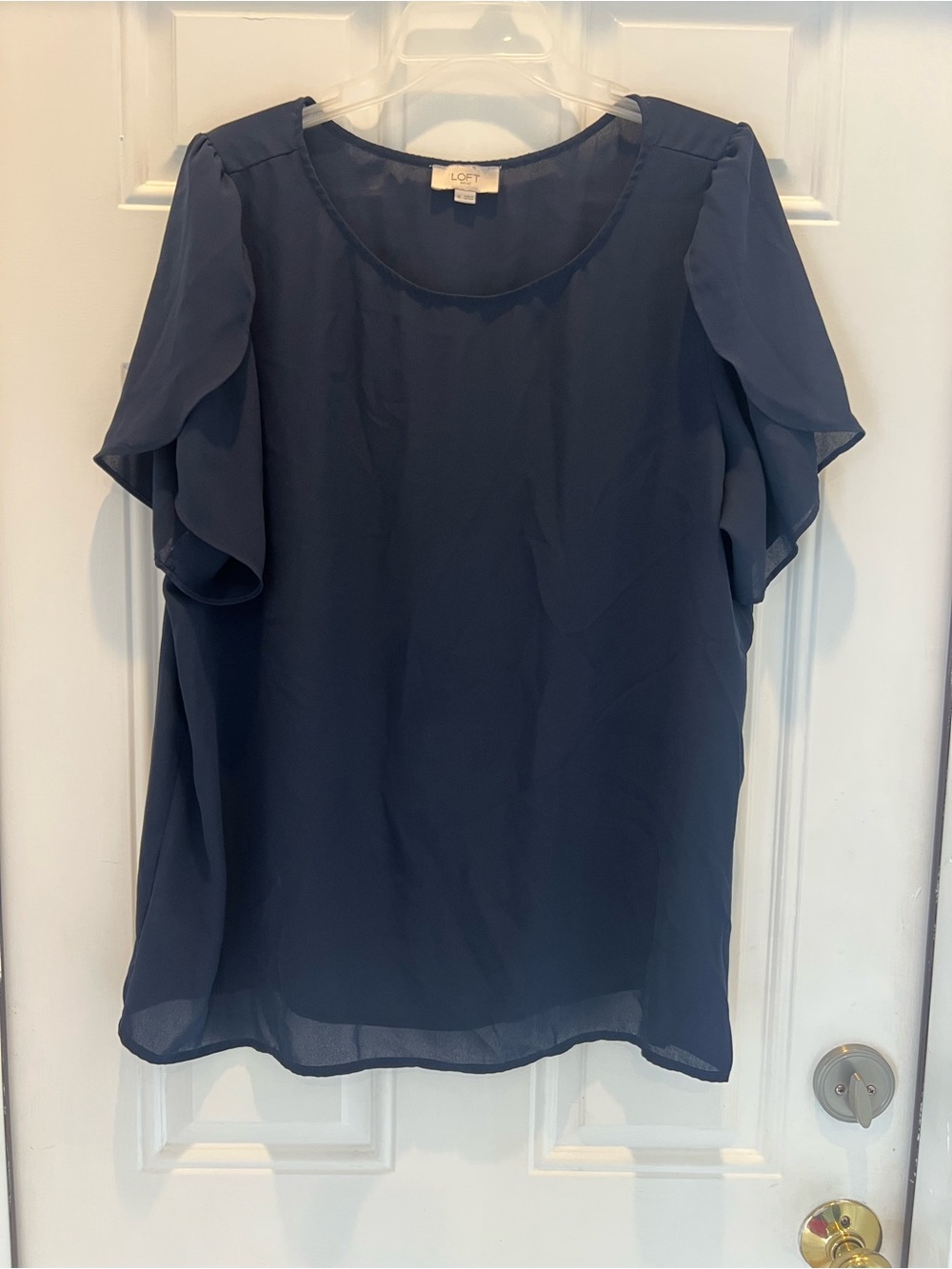 LOFT Women Navy Blue Short Sleeve top Blouse Size XL Polyester Round Beck #889